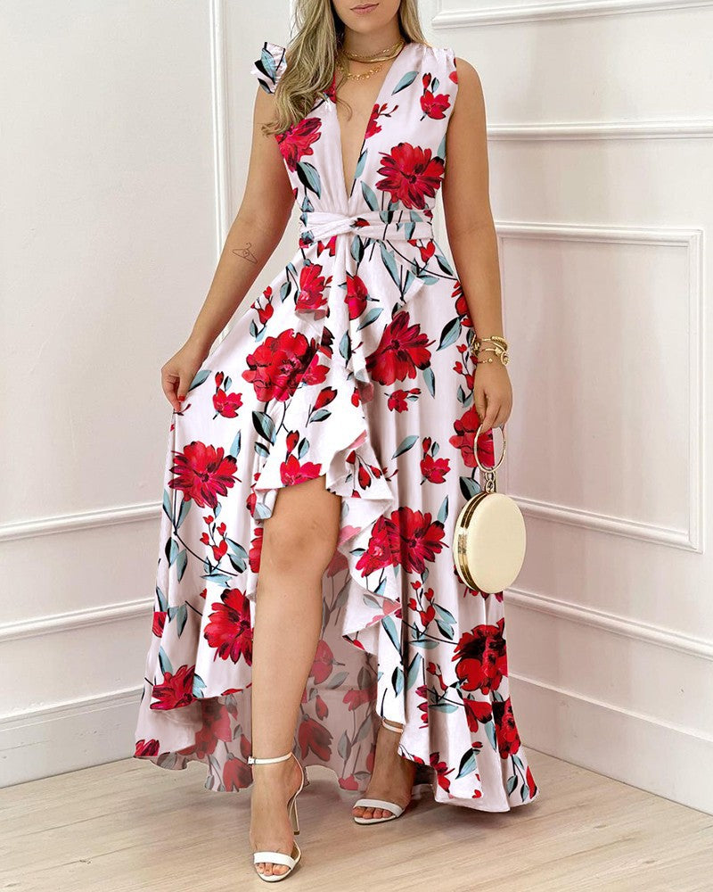 Chic Floral V-Neck Dress: Elegant Summer Fashion for Women - Vibrant Red Flowers on a Sleek White Canvas, Featuring Ruffled Shoulders, a Tied Waist, and a High Front Slit, Perfect for Stylish Online Shopping