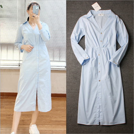Korean style casual loose blue mid-length button down shirt dress