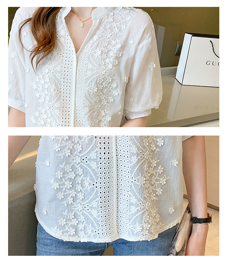 Elegant White Blouse with V-neck, 3D Embroidery, and Bubble Sleeves - New for Summer 2024