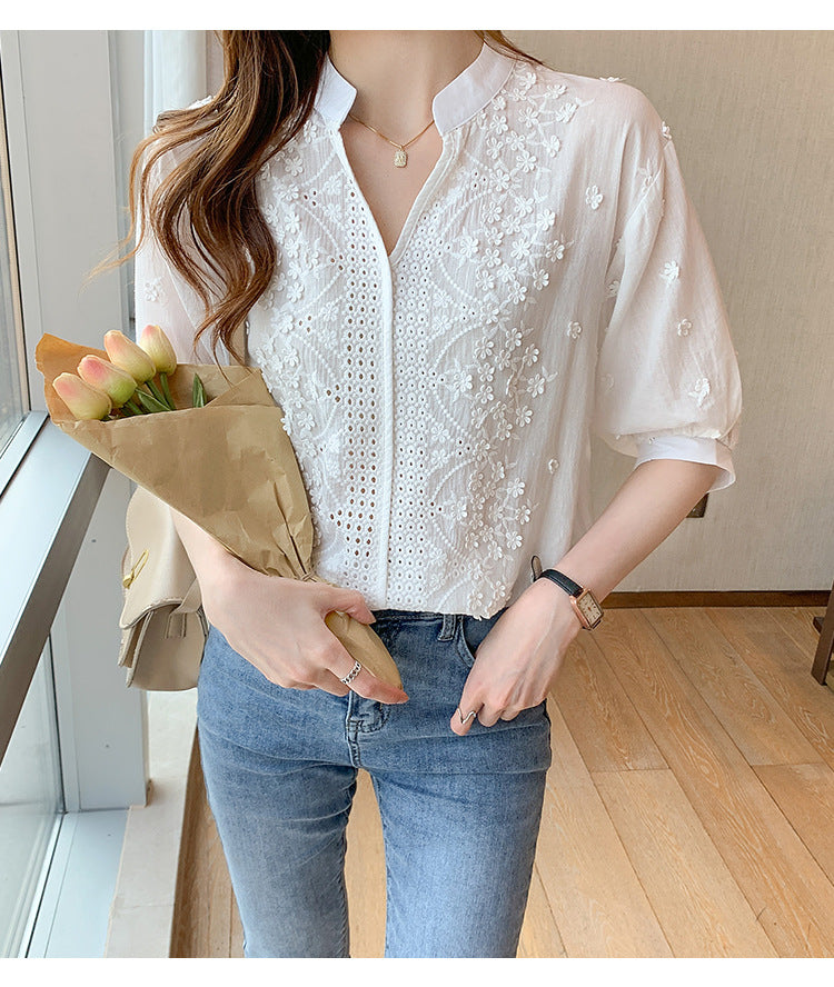 Elegant White Blouse with V-neck, 3D Embroidery, and Bubble Sleeves - New for Summer 2024