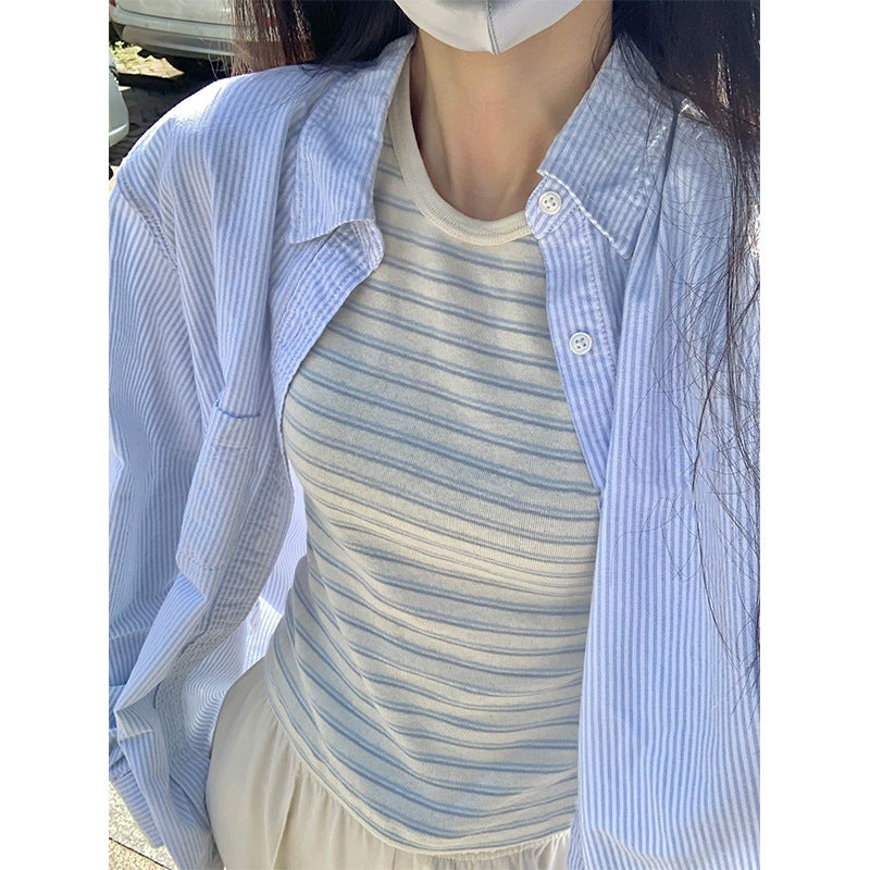 Chic and comfortable: showcase the timeless appeal of our cotton blue striped long blouses for women - Fall 2024 edition
