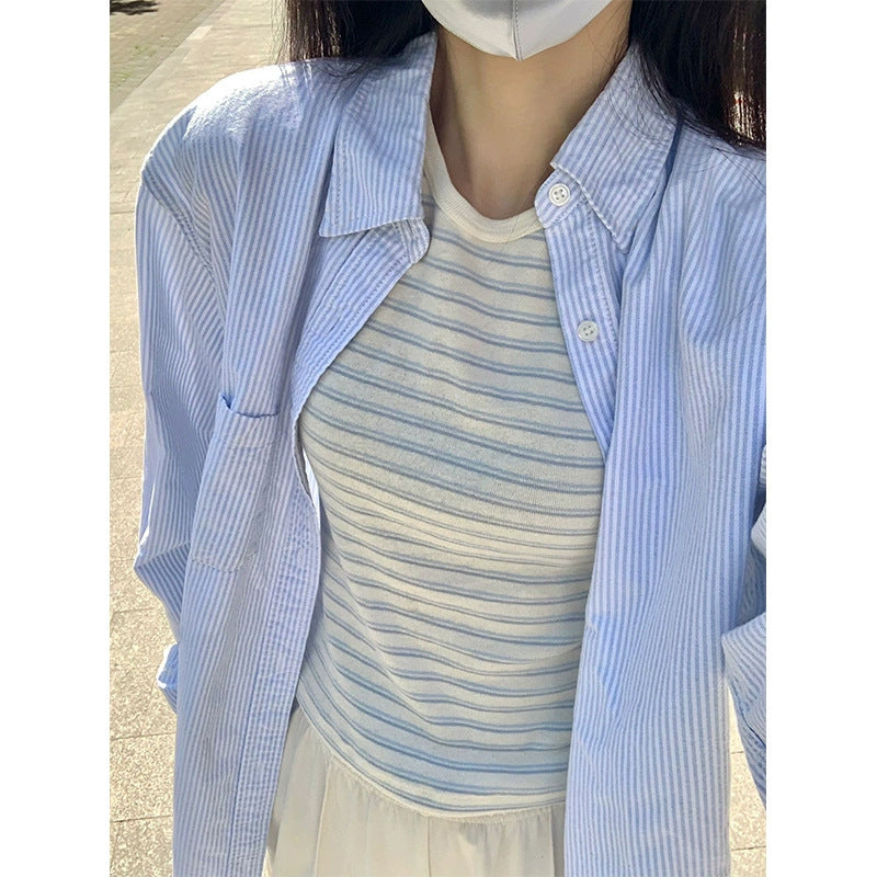 Chic and comfortable: showcase the timeless appeal of our cotton blue striped long blouses for women - Fall 2024 edition