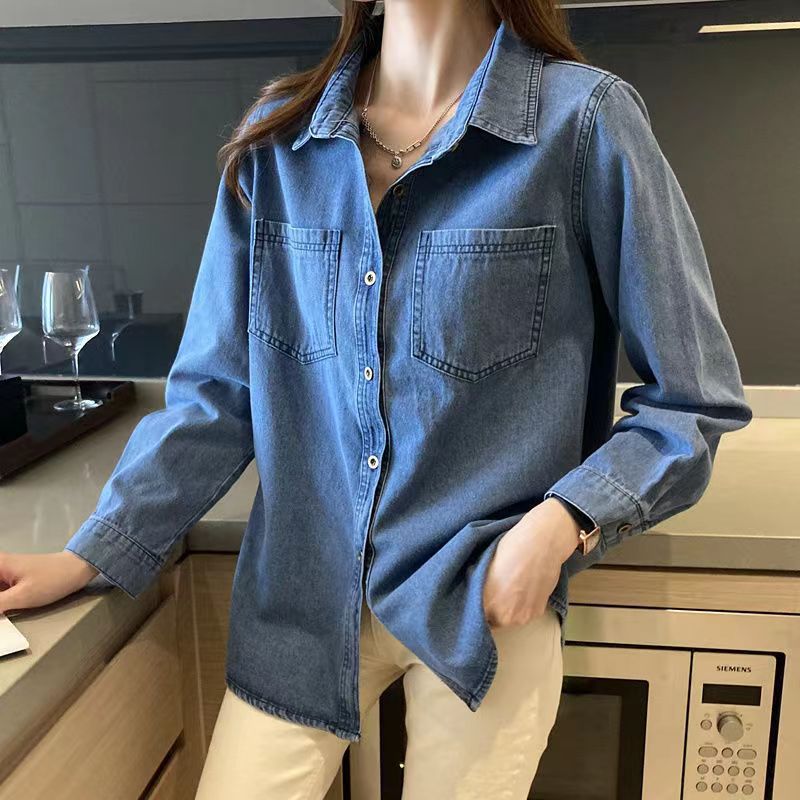 2024 Korean Style Autumn New Arrival: Loose-Fit Denim Shirt for Women – Vintage Long Sleeve Layered Casual Top